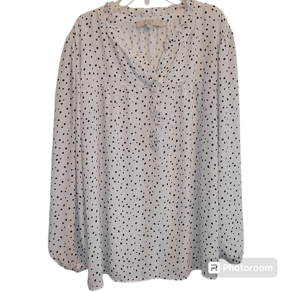 Loft Plus Size 16 Mixed Media Blouse White Black Dots Long Sleeve